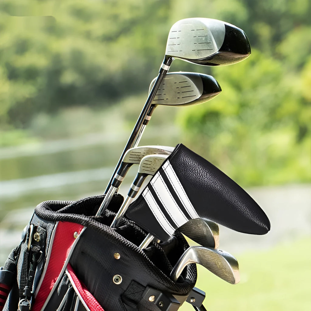 Black PU leather golf putter cover sleeve for protecting club head and shaft.