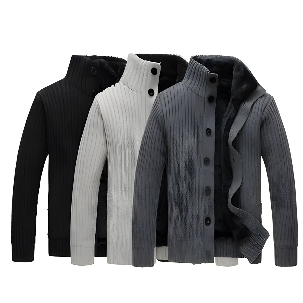Men's cotton-vinylon cardigan with standing collar, thick bat-style cut, available in black