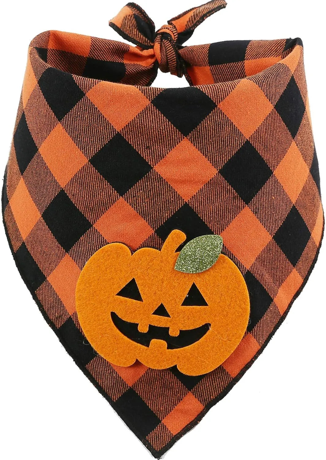 Orange Halloween dog bandana with pumpkin appliques and white skeleton design on plaid pattern