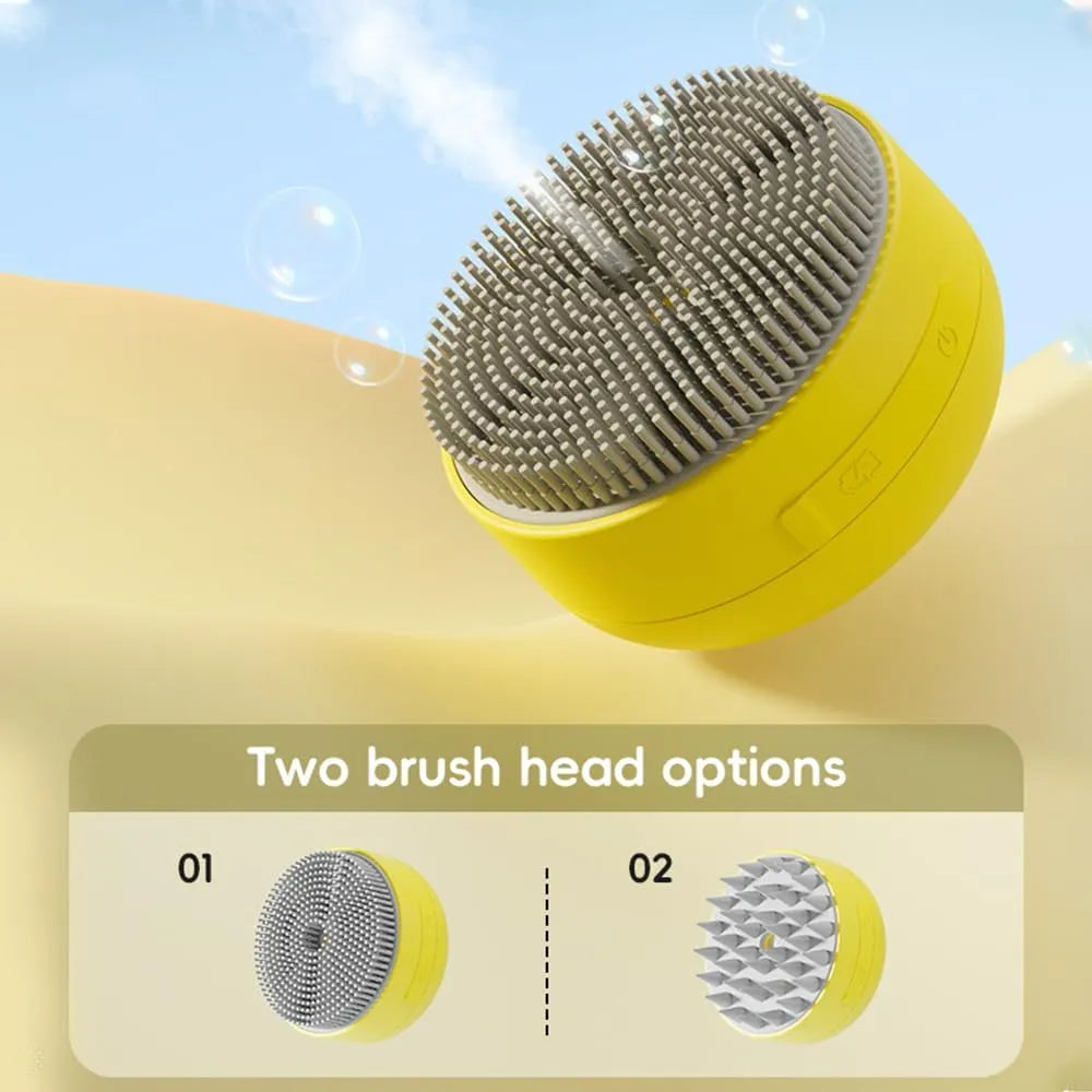 Green rechargeable cat steam brush with silicone bristles and ergonomic handle on white background