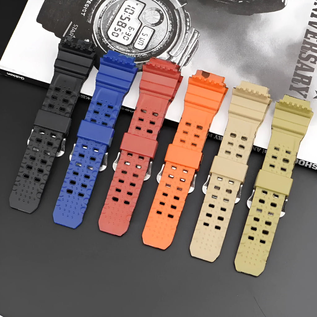 Camouflage patterned TPU watch strap with a silver buckle on a white background