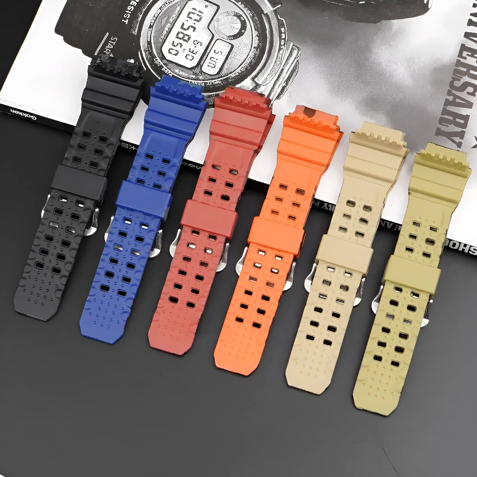 Camouflage patterned TPU watch strap with a silver buckle on a white background