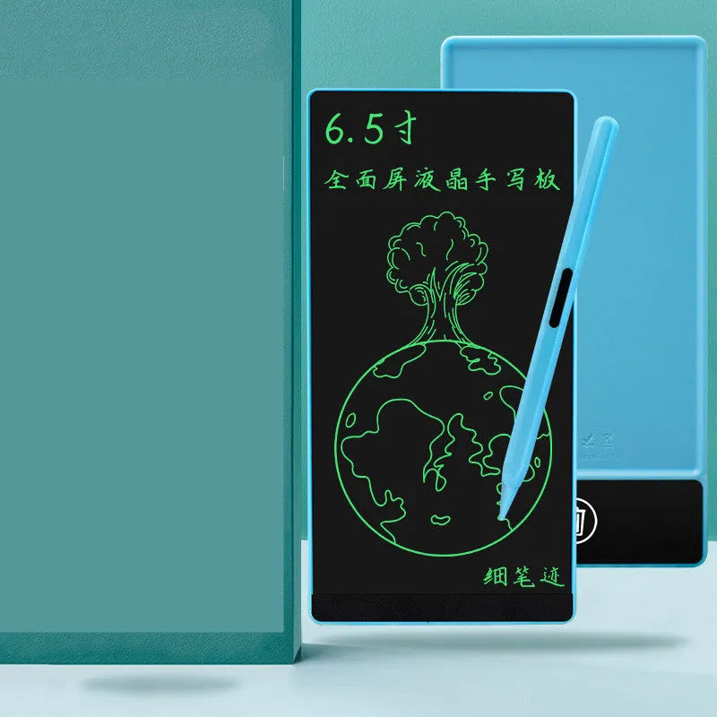 Blue LCD writing tablet with stylus on a 6.5-inch screen showing handwritten notes.