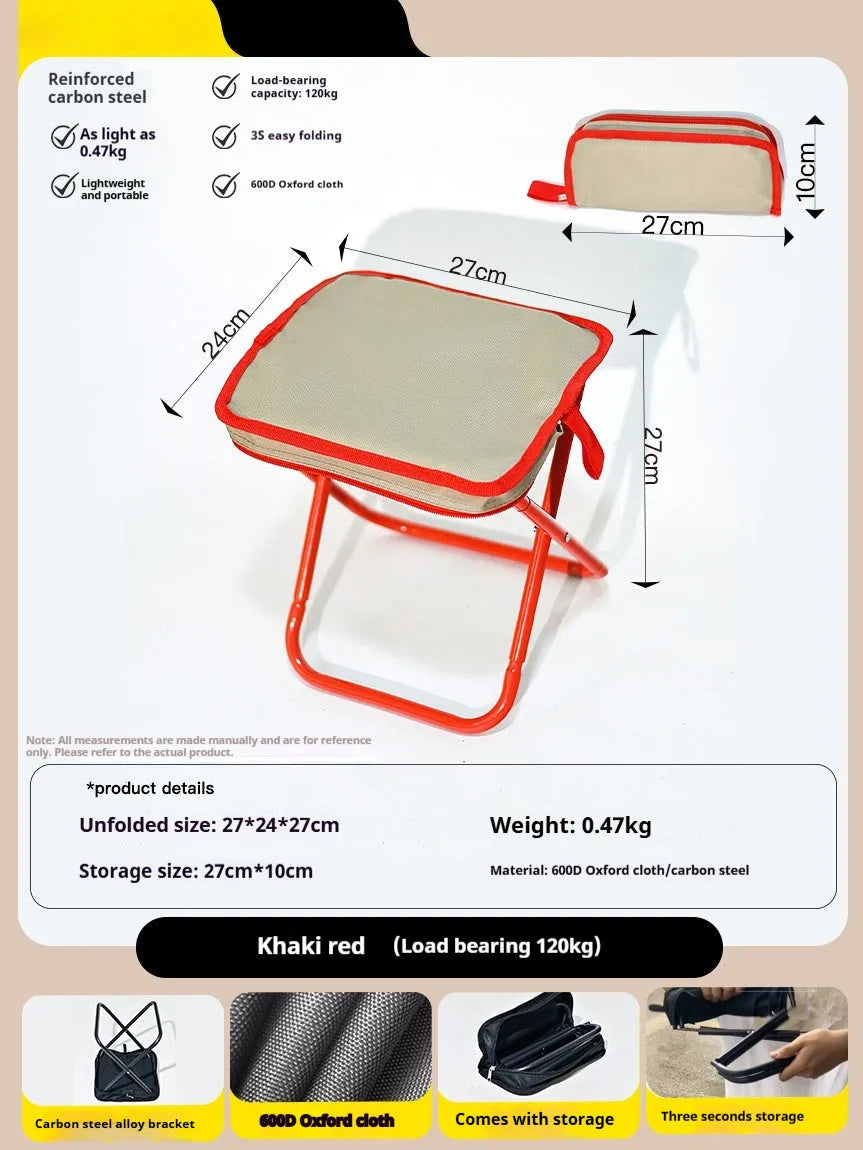 Outdoor foldable camp chair stool in Oxford fabric shown in khaki colour, folded in pencil box shape.