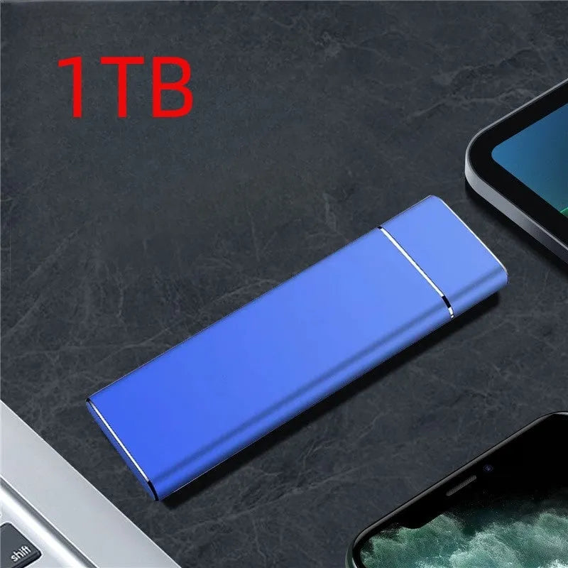 Sapphire blue portable external solid state hard disk with metal casing measuring 10.3cm