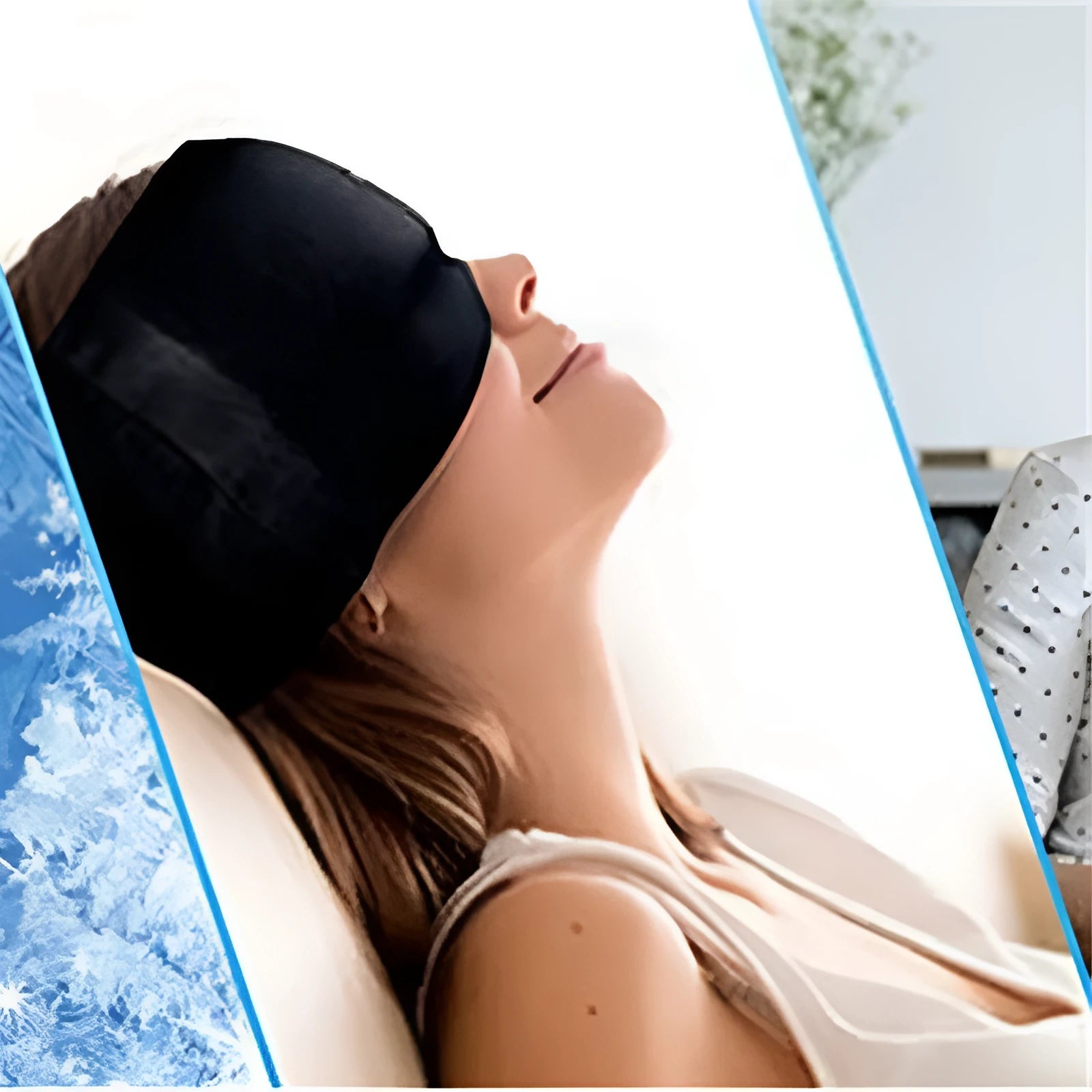 Black elastic cloth cooling gel eye mask for headache relief showing adjustable fit