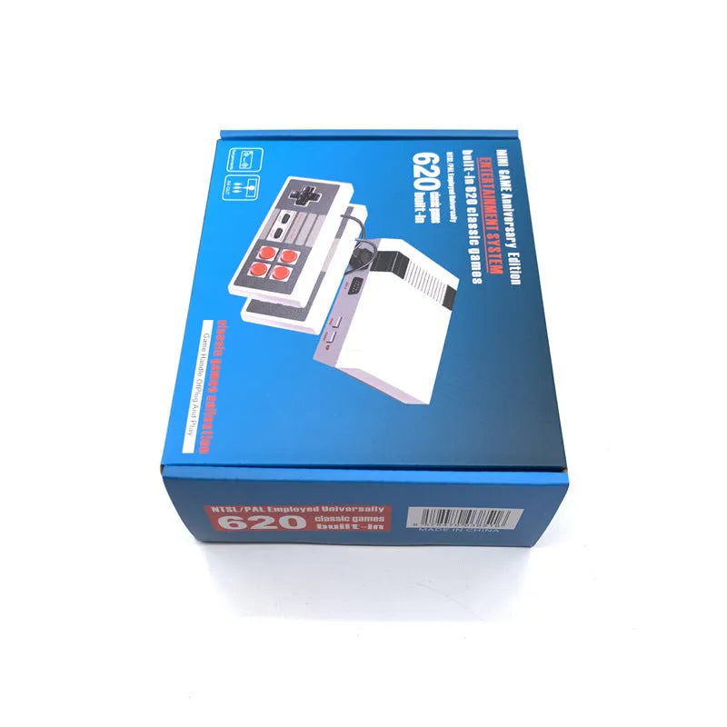Compact black 8-bit NES retro game console with two rectangular controllers on a white background.