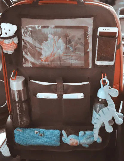 Two-pack car seat back hanging storage bags made from 600D Oxford cloth and mesh, 65 by 45 centimetres, with adjustable buckle fixing and matte leather zipper bags.