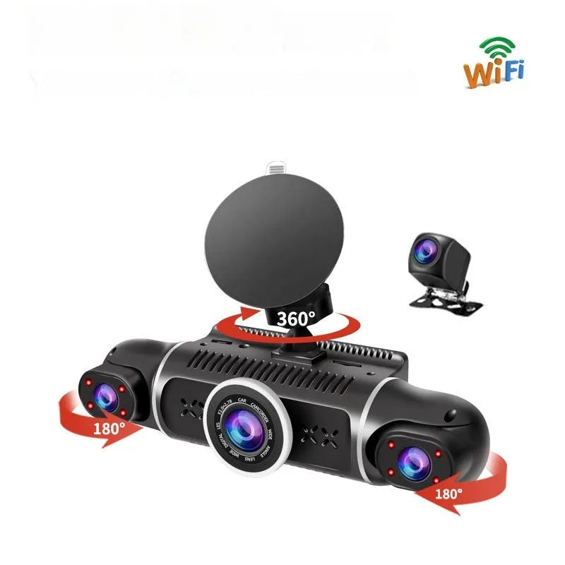 Dual-lens driving recorder with 3.5-inch screen showing front and interior recording