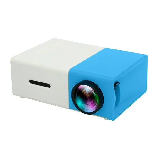Yellow 1080p LED mini projector YG-300 with HDMI, USB, and TF card slots for portable home cinema