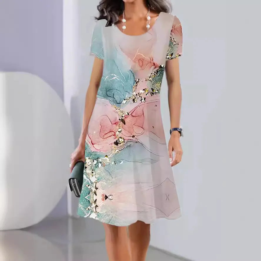 Women's light blue floral print Ice Silk mid-length dress with short sleeves and round neck.