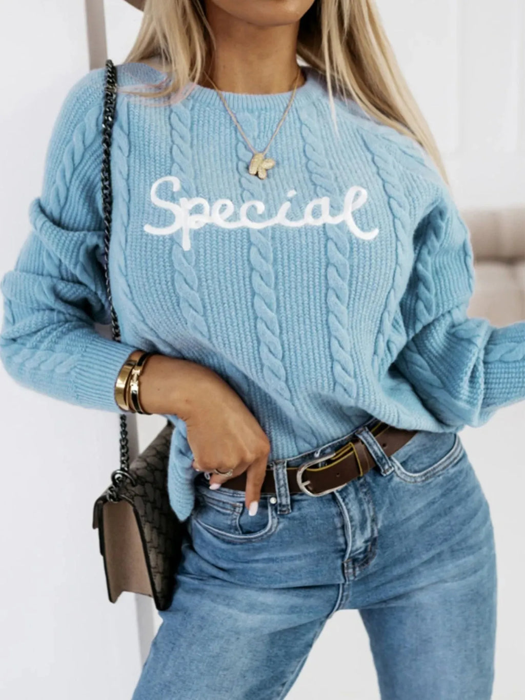 Blue leisure pullover with embroidered letter text design, crew neck street fashion knitwear