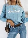 Blue leisure pullover with embroidered letter text design, crew neck street fashion knitwear