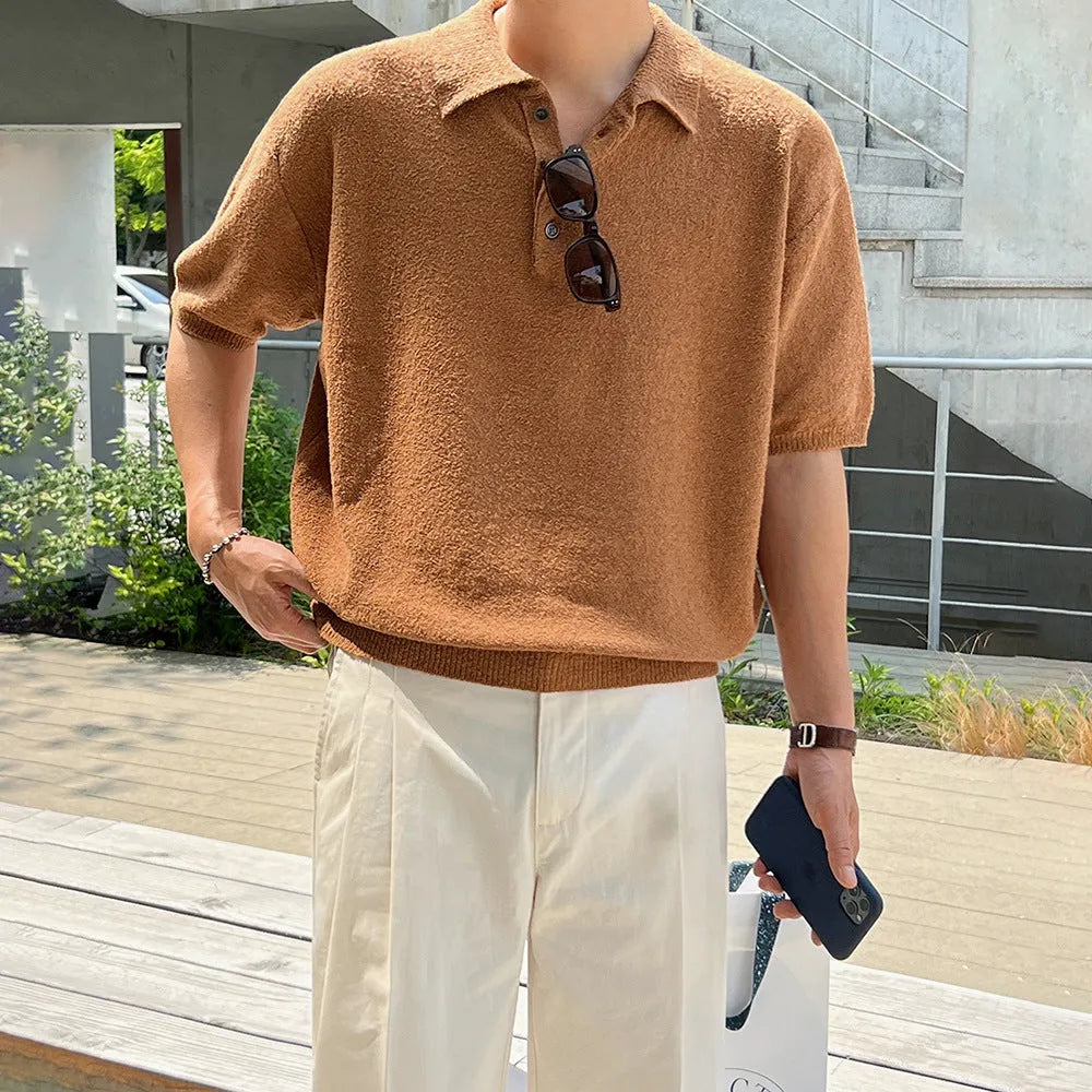 Men's caramel coloured retro knitted polo shirt with short sleeves and asymmetric styling detail