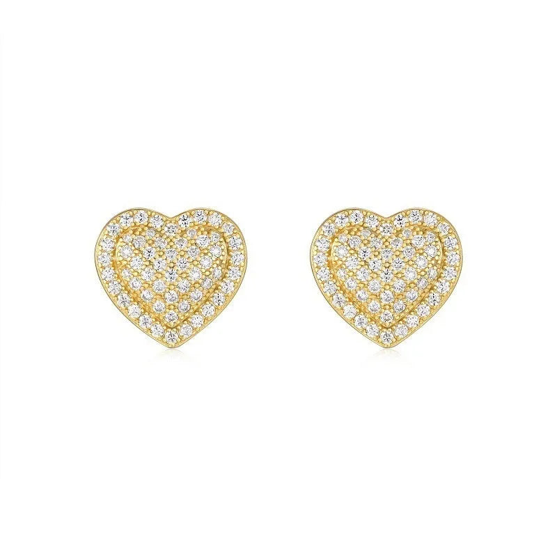 Gold tone heart-shaped stud earrings with clear moissanite stone on S925 silver base