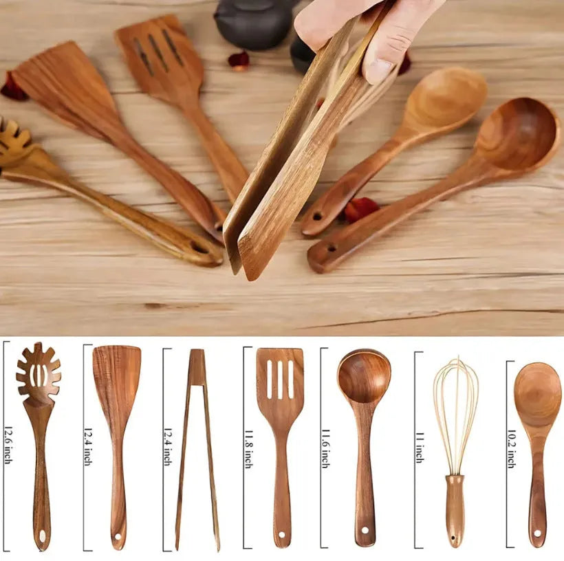 Seven wooden cooking utensils with non-slip handles for non-stick pans