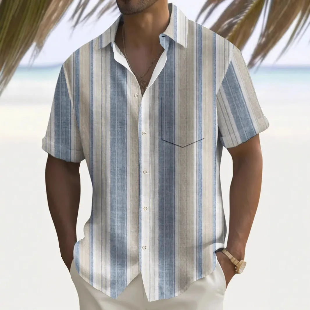 Men's multicolour printed loose fit polyester shirt shown in casual setting