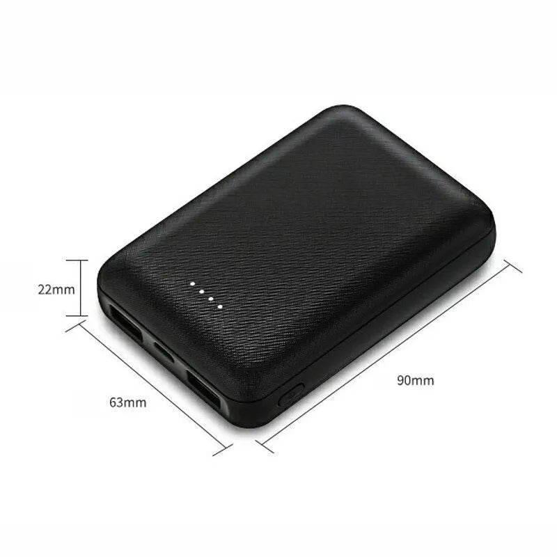 Black or white 10000mAh ultra-thin power bank with multiple USB ports showing 90mm x 63mm x 22mm dimensions