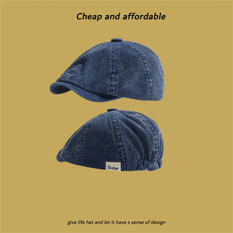 Corduroy eight-panel newsboy cap in solid colour, satin strip detail, unisex adult size