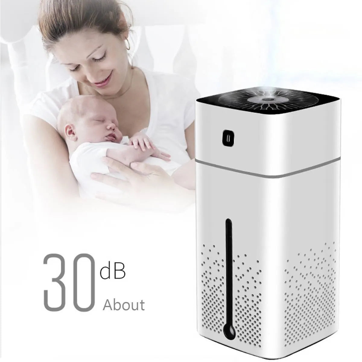 Black or white desktop USB humidifier with 1000ml water tank on a wooden desk.