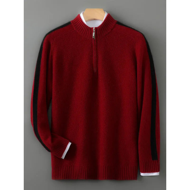 Half-zip round neck sheep wool knitted sweater in slim fit, shown in one of four colour options.