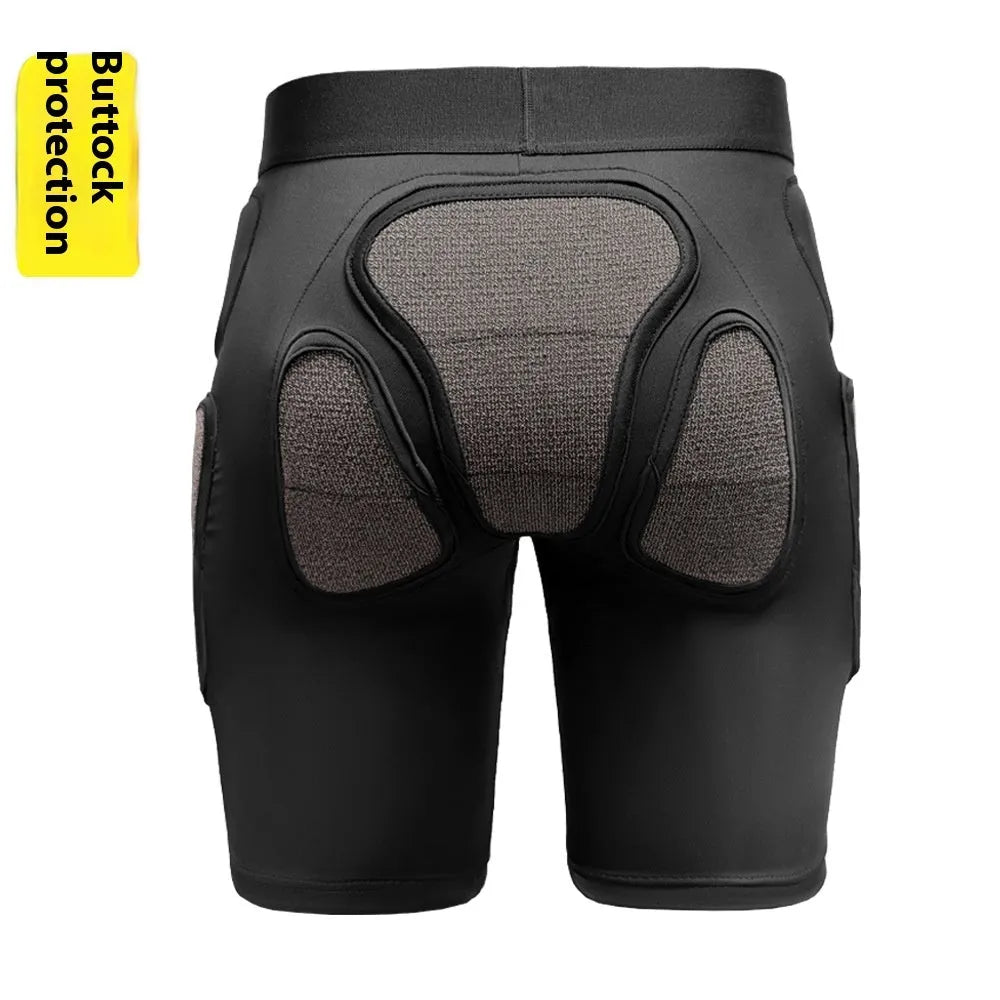 X-ray diffraction skiing protective gear showing slim-design hip pads and multi-protection knee pads.