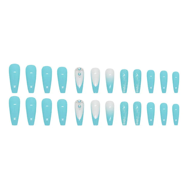 Long ballet shaped false nails in solid blue diamond colour with glitter adhesive glue.