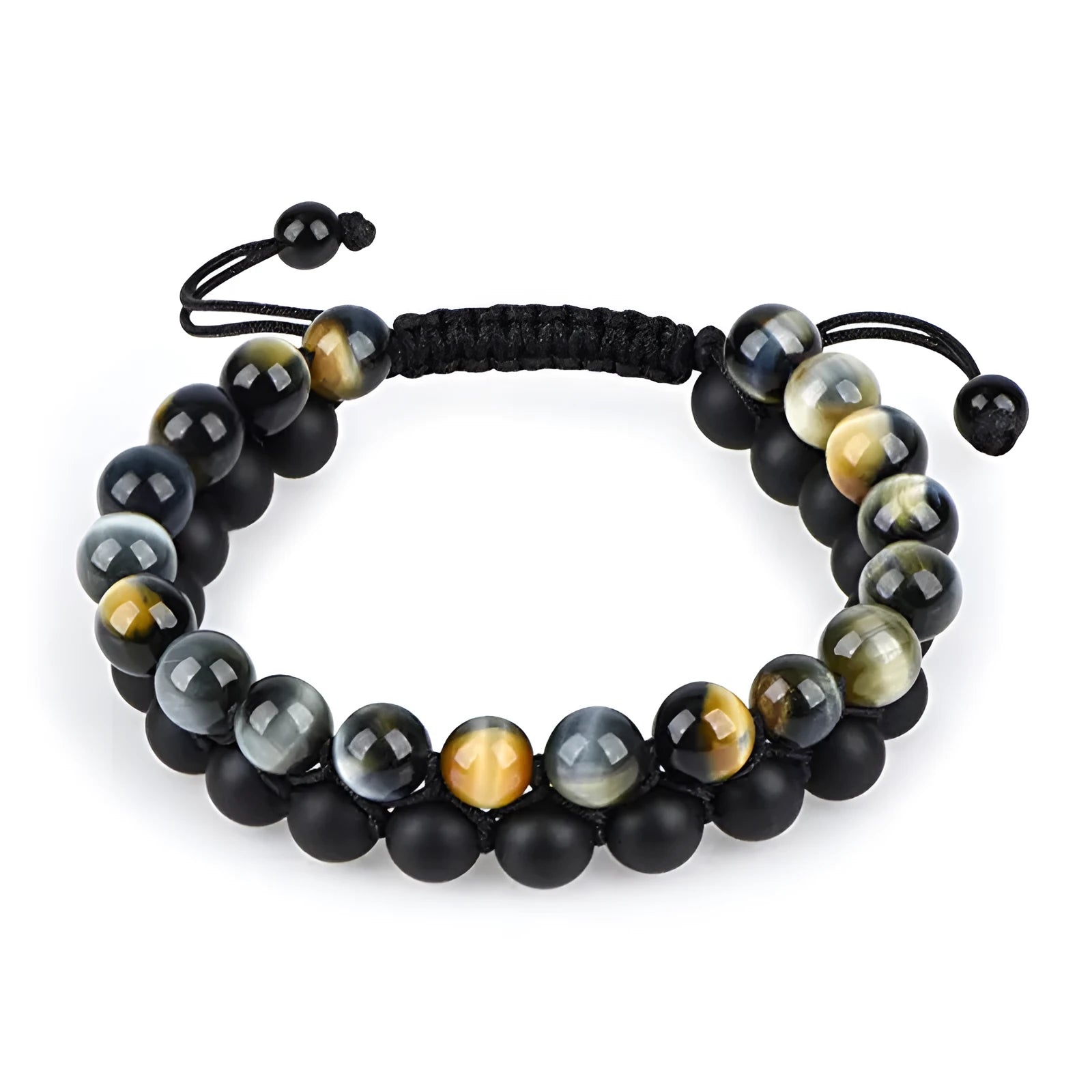 Geometric agate couple bracelets in tiger eye and matte black beads.