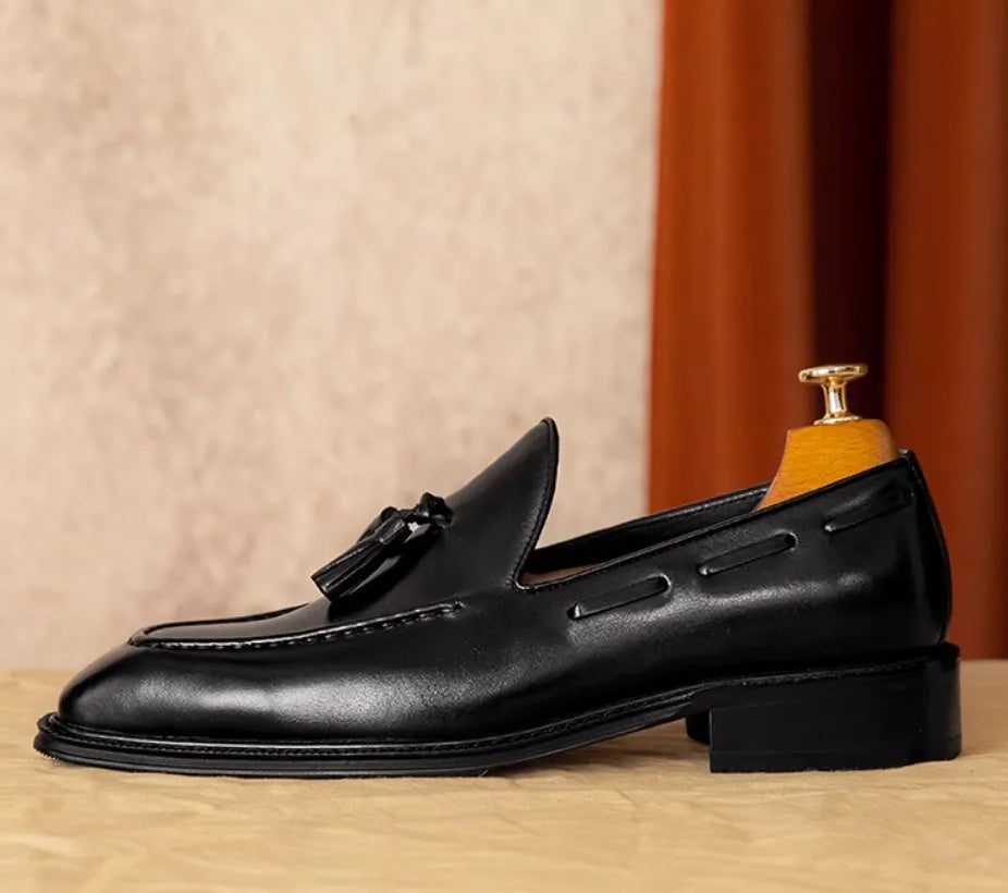 Men's black and brown genuine leather slip-on loafers with British style design