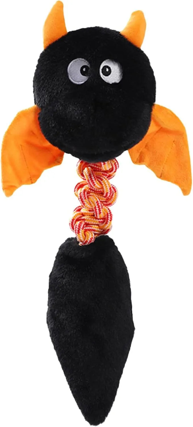 Soft rabbit fleece plush dog toy with a rope knot, in red, green, or black, shown with a dog.