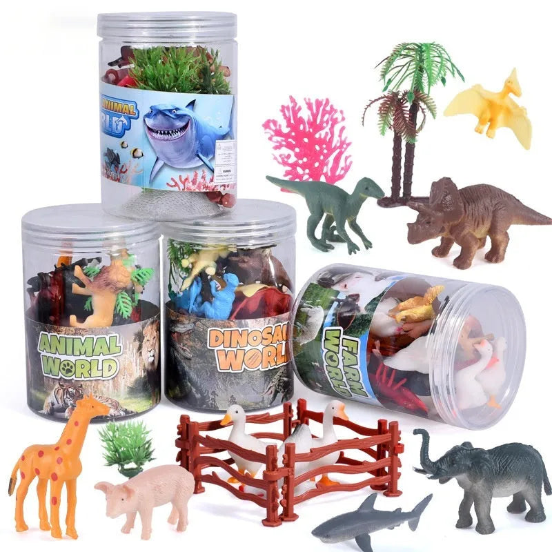 Children's plastic animal model toy set for ages 4-6 in a cylinder, with dinosaur, farm, marine, pet dog and wildlife options