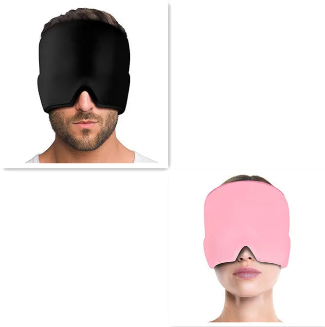 Black elastic cloth cooling gel eye mask for headache relief showing adjustable fit