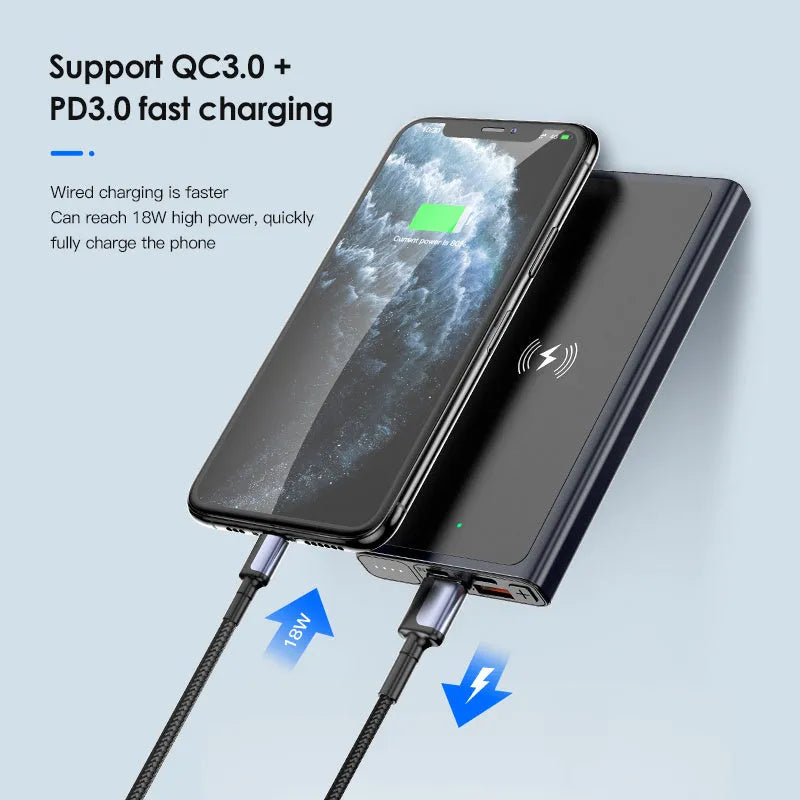 Black and blue alloy-shell portable power bank showing wireless charging symbol and 10000mAh capacity label
