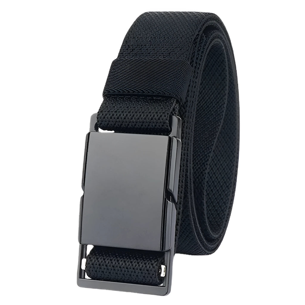 Metal magnetic buckle casual belt in polyester fibre, shown in one of five colours.