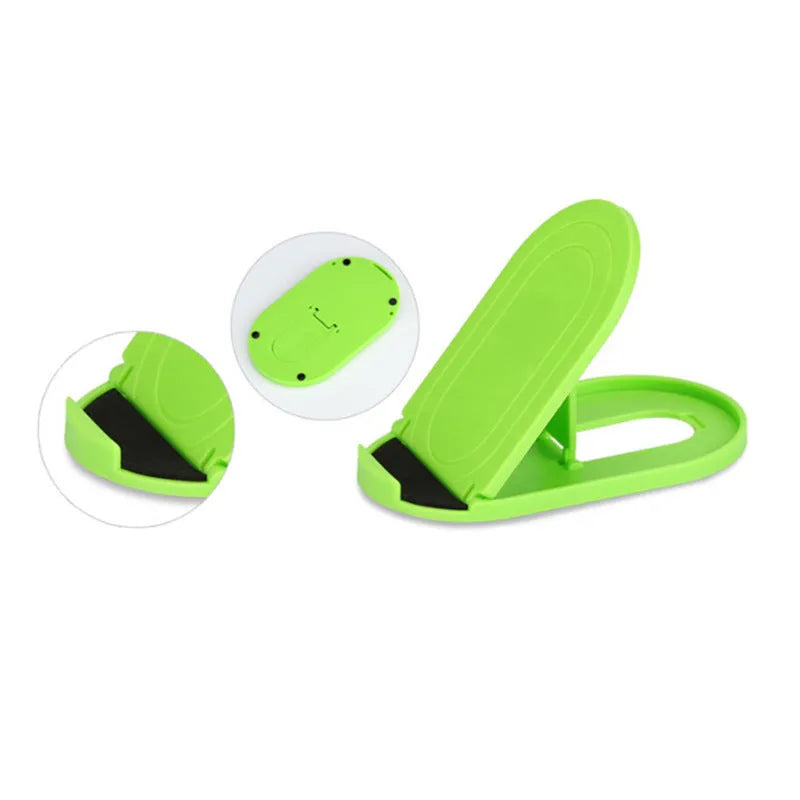 Plastic lazy bracket phone stand holding a mobile phone, shown in multiple colour options