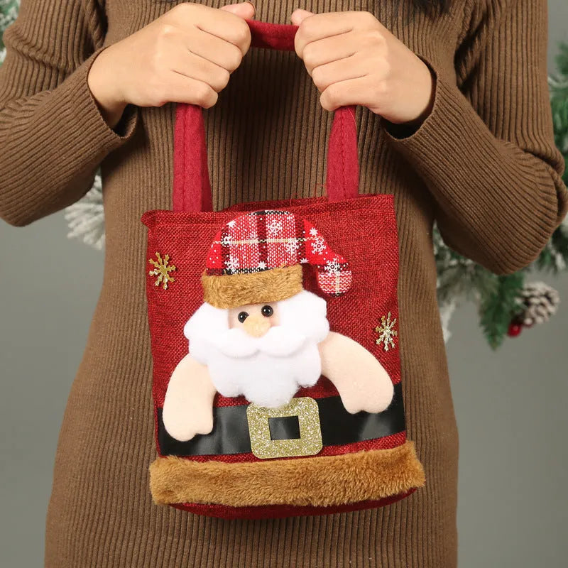 Small cloth Christmas candy tote bag with Santa Claus, snowman, deer and bear character designs