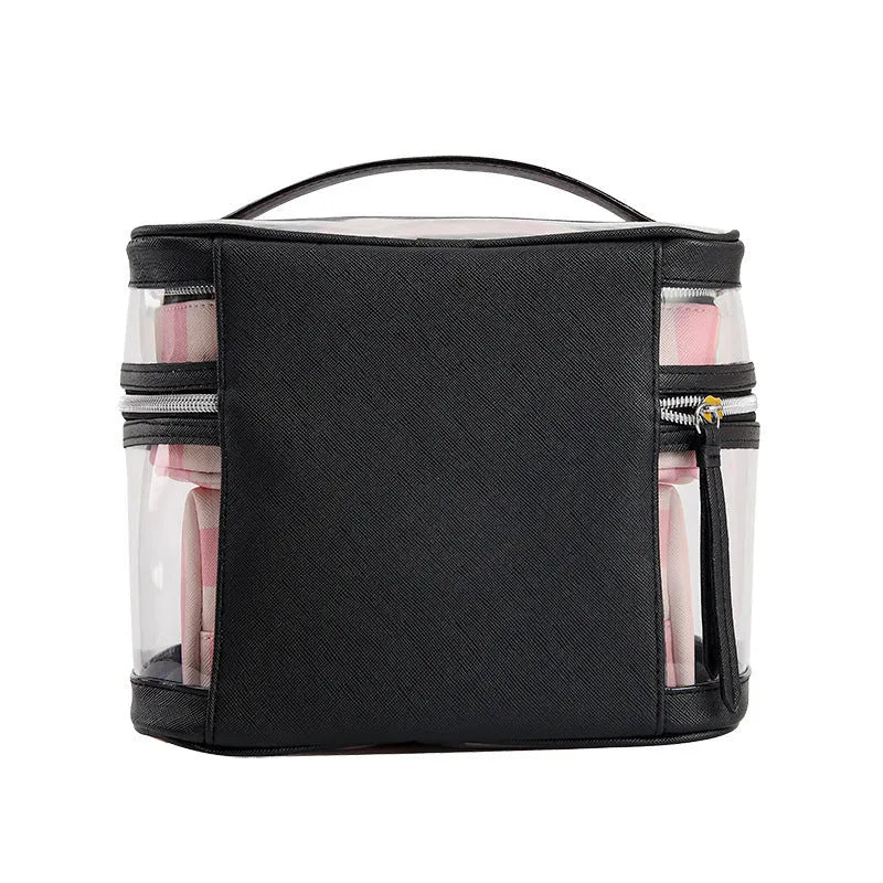 Pink bold stripes floral pattern folding makeup bag with synthetic leather waterproof construction