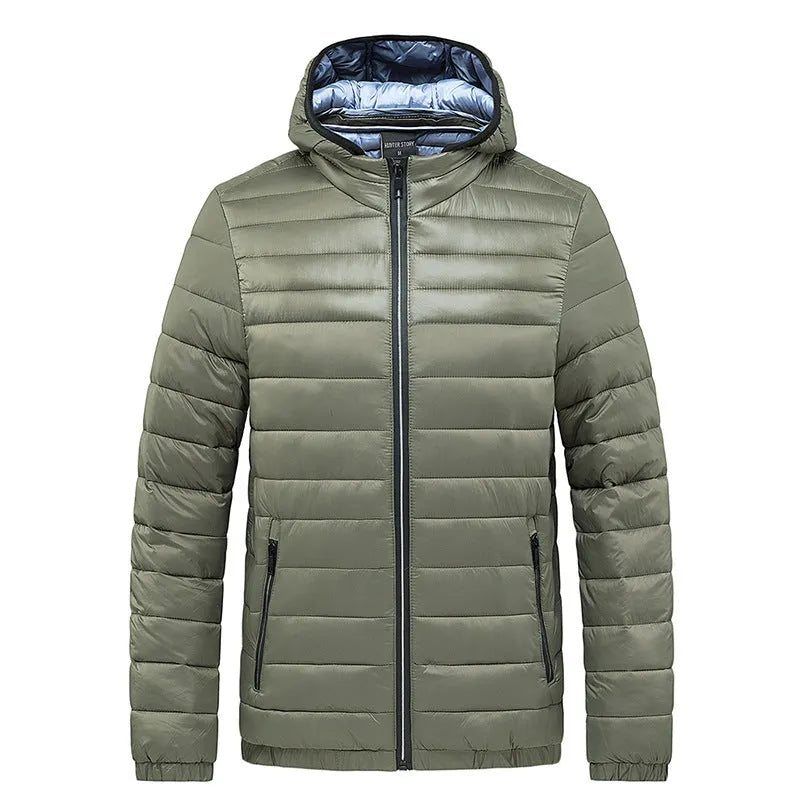 Men's hooded cotton-padded cardigan coat in army green Korean style zip front polyester filler