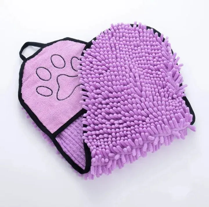Blue microfibre pet bath towel for drying dogs and cats, showing robe-style design