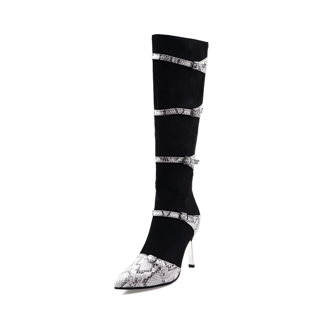Grey and black women's knee-high boots with a thin high heel on a rubber sole.