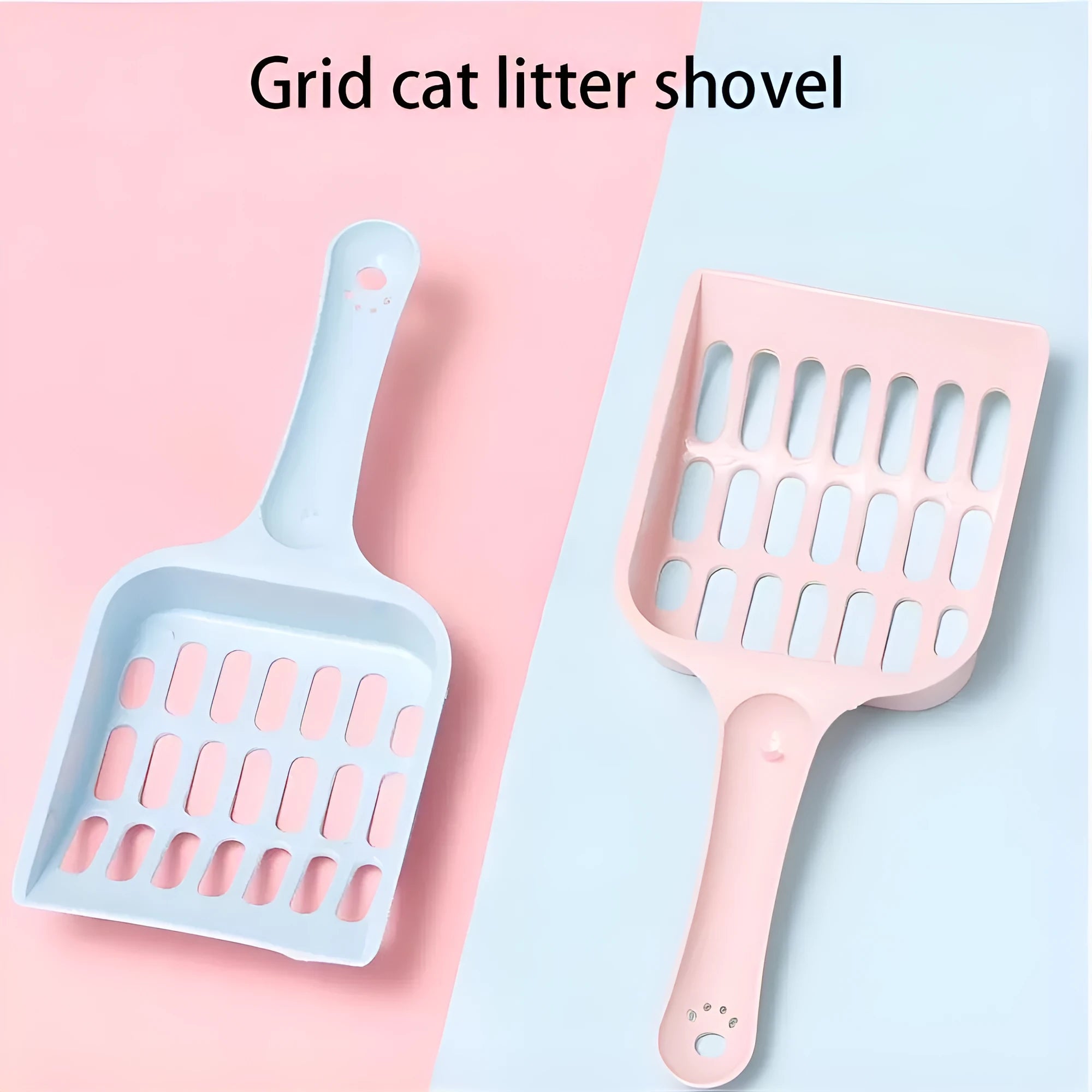 Blue plastic cat litter scoop showing 20cm length and 9cm width for pet tray cleaning