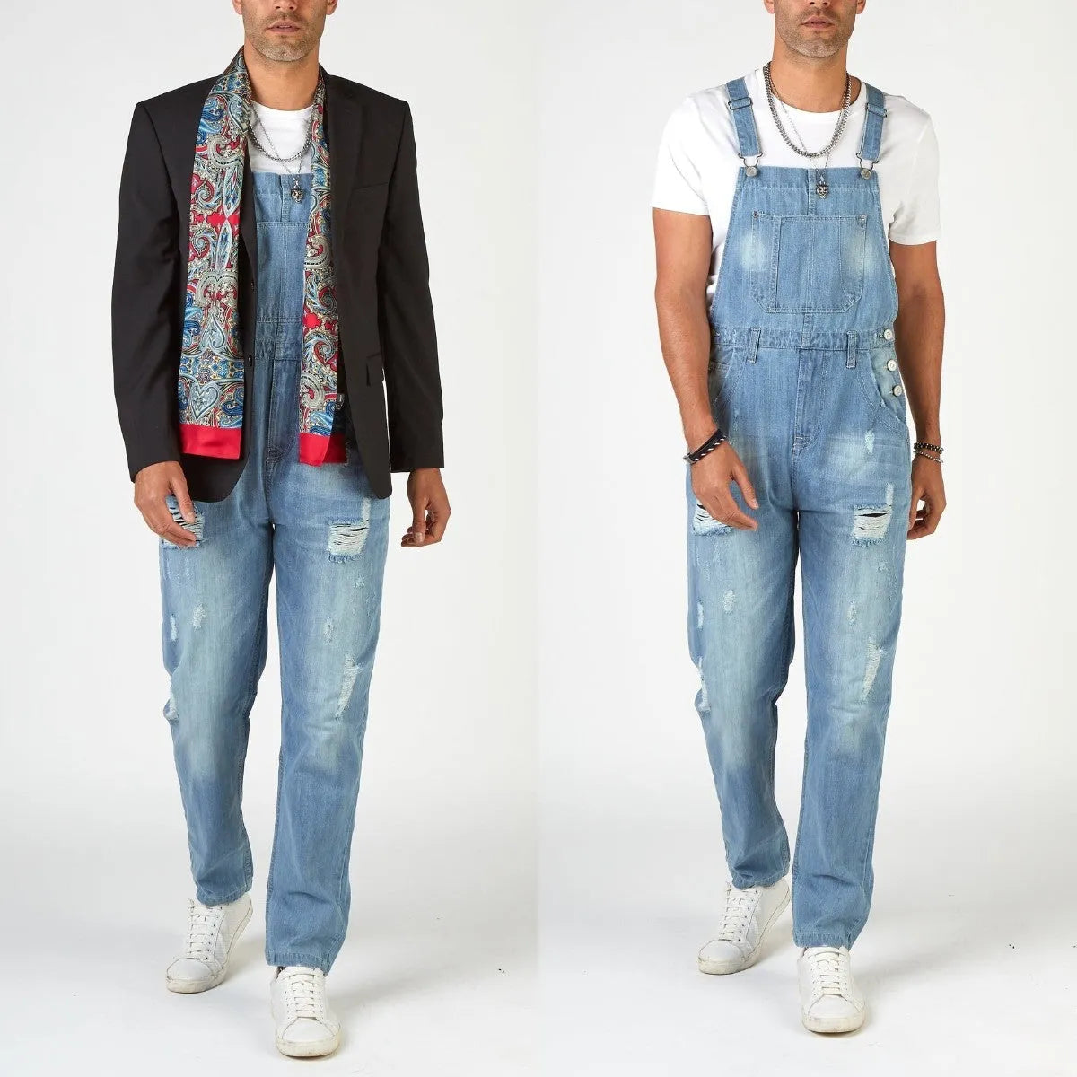 Light blue ripped denim suspender jeans for men on a hanger, showing high waist and button fastenings.