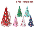 Christmas triangle candy box in paper with festive Santa and snowman print and ribbon ties