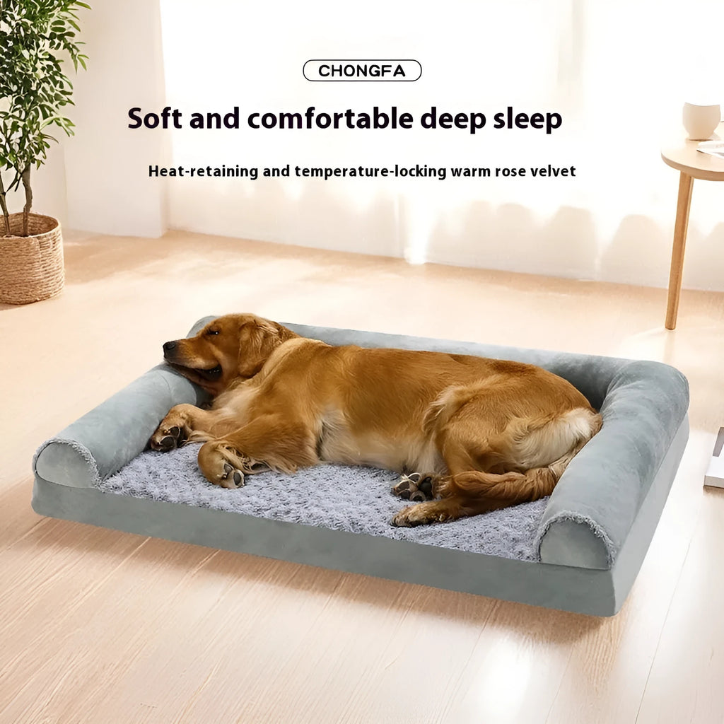Grey cloth dog kennel with removable fleece lining, shown in three sizes for medium and large breeds.