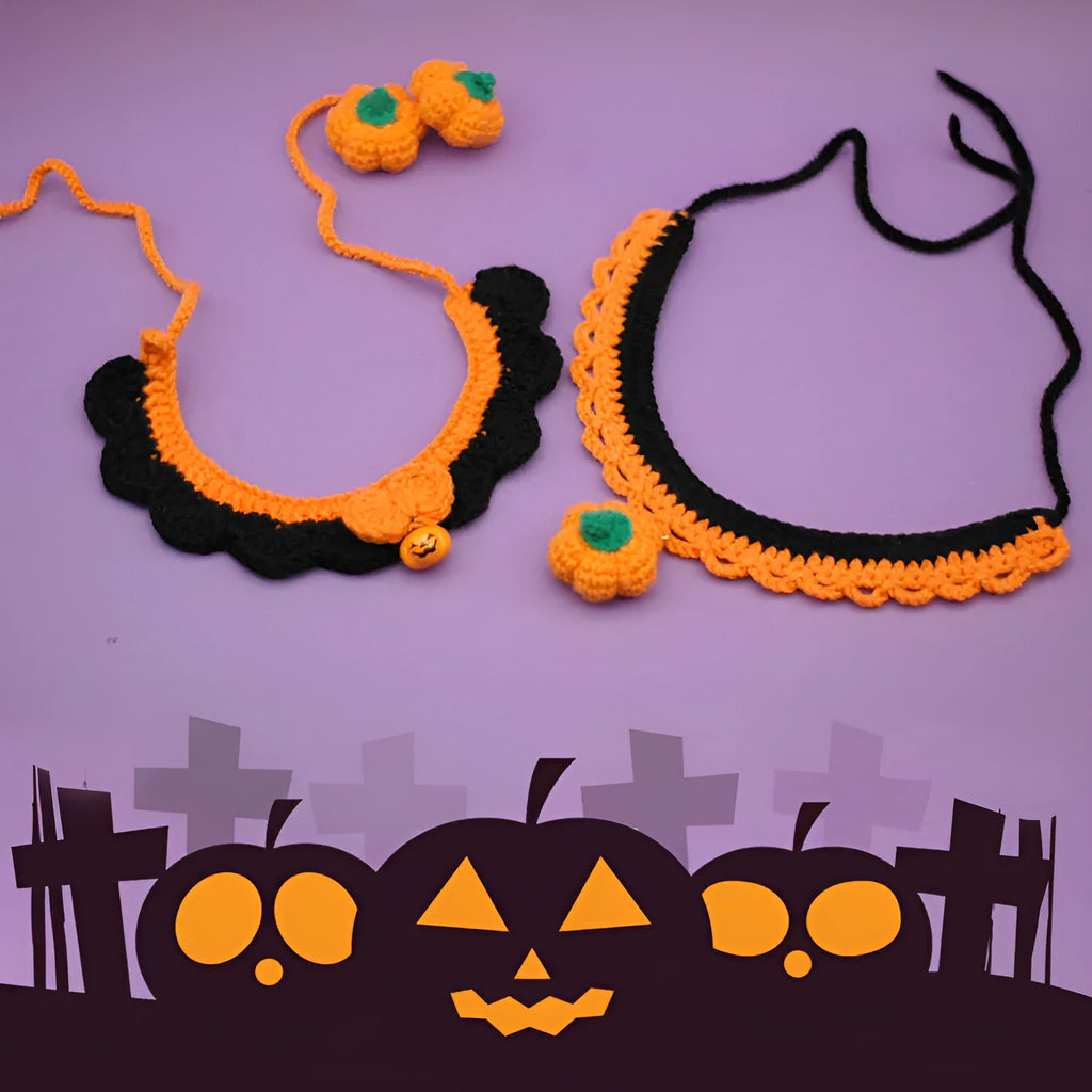 Hand crocheted wool Halloween pet collar with adjustable sizing for cats and dogs