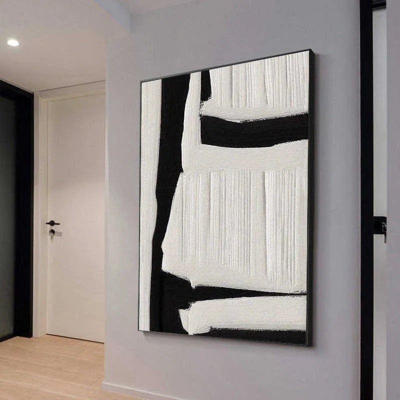 Large black white beige abstract handmade oil painting on canvas, vertical one-panel modern wall art without frame