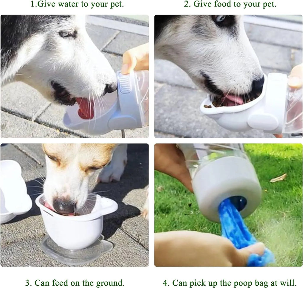 Green, pink, or white 3-in-1 portable pet water bottle with food container and garbage bag dispenser attached to a strap.