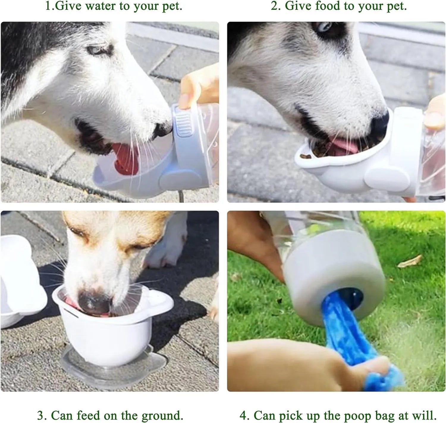 Green, pink, or white 3-in-1 portable pet water bottle with food container and garbage bag dispenser attached to a strap.