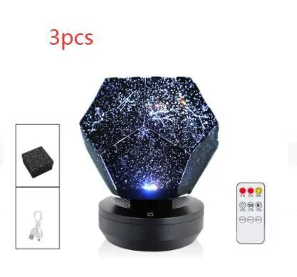 LED starry sky projector night lamp showing constellation projections on a bedroom ceiling with remote control