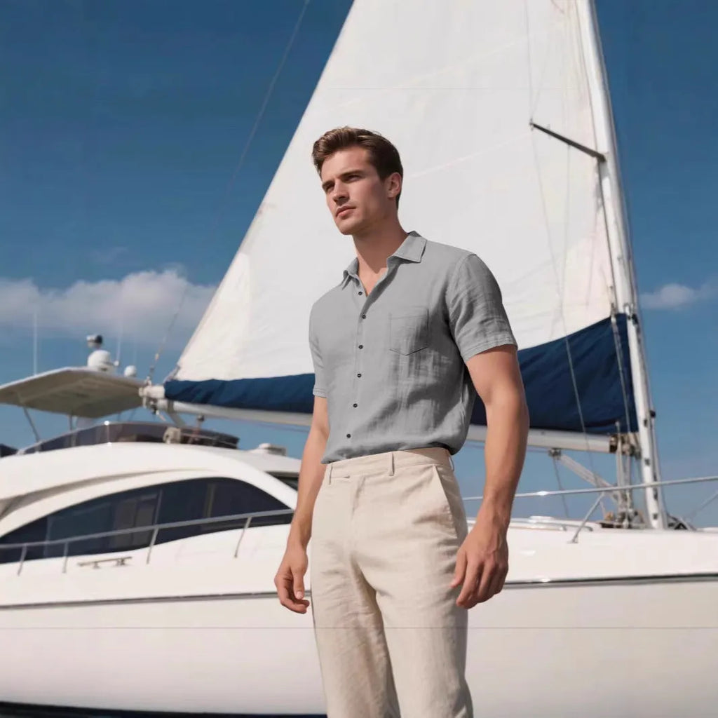 Men's loose fit linen short-sleeved cardigan shirt in a solid colour on a hanger.